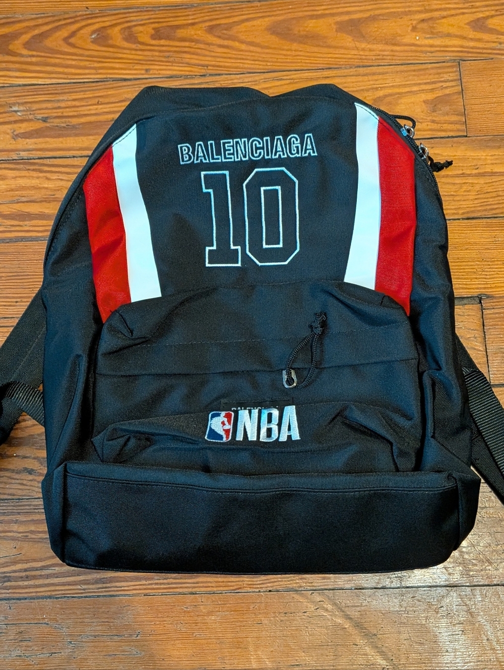 AUTHENTIC Balenciaga Black Backpack with Red & White Stripes